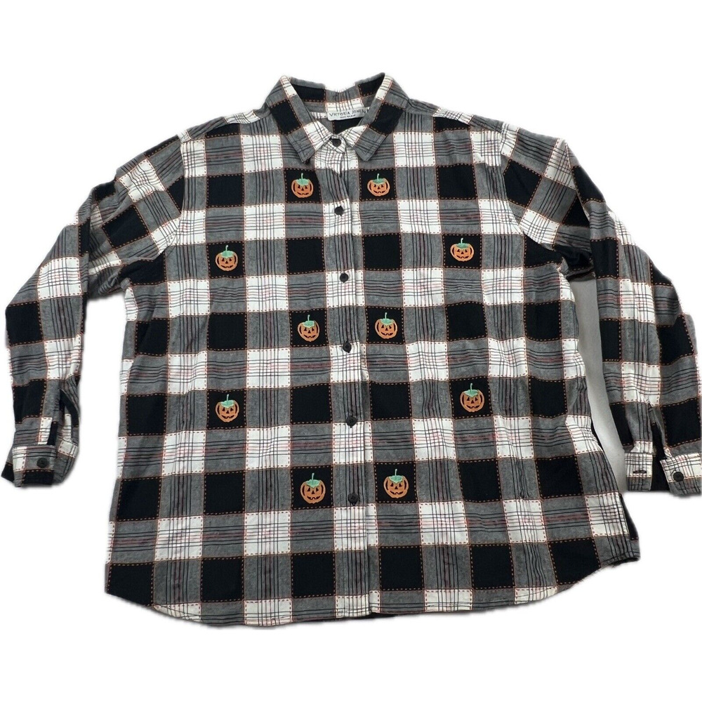 VICTORIA JONES Women's 2x BLACK WHITE Buffalo Plaid embroidered Jack‎ o lanterns